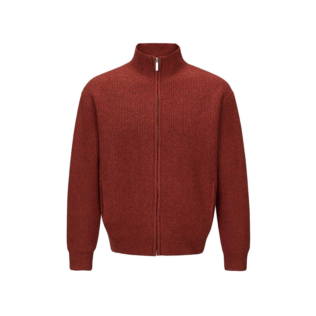 Unisex Kurzer gerippter Strickzipper mit hohem Stehkragen und schlankem Bund Drune