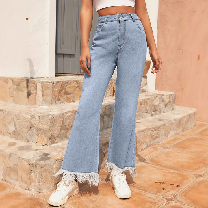 Damen Weite Flared Jeans mit fransigem Saum Drune