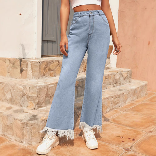 Damen Weite Flared Jeans mit fransigem Saum Drune