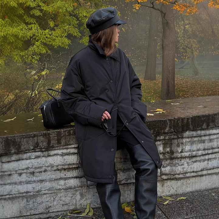 Damen Übergangs-Wintermantel mit minimalistischer Steppung, hochschließendem Kragen und Druckknopfverschluss Drune