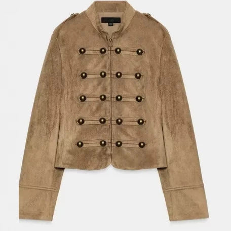 Damen Cropped Velourslederblouson im Military‑Look mit dekorativer Paradeknopfleiste Drune