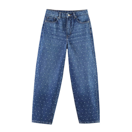 Damen High‑Waist Mom‑Jeans mit tapered Bein und dezentem Punkte‑Print Drune