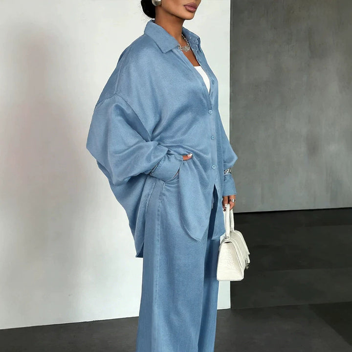 Damen Zweiteiliges Oversize-Hemd- und Palazzo-Set im fließenden Denim-Look Drune