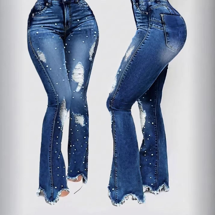 Damen Hochtaillierte Schlagjeans mit Perlenapplikation, Destroyed-Effekten und fransigem Saum Drune