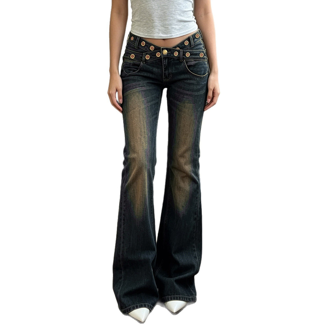 Damen High‑Waist Flared-Jeans mit doppeltem Nietenbund und Used-Effekt Drune