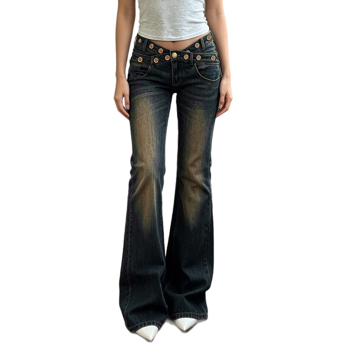 Damen High‑Waist Flared-Jeans mit doppeltem Nietenbund und Used-Effekt Drune