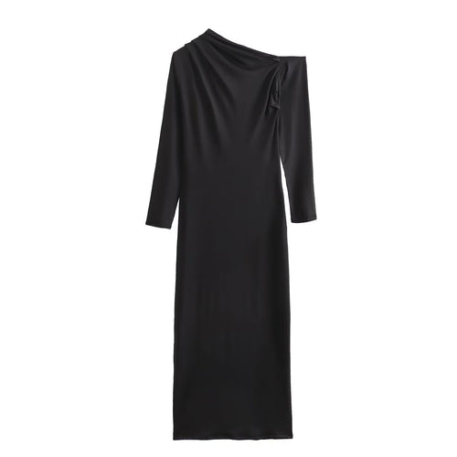 Damen Asymmetrisches One-Shoulder Maxikleid mit langem Ärmel Drune