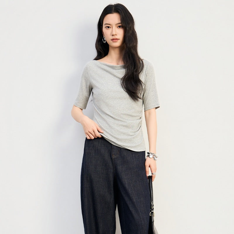 Damen Jerseytop mit U-Boot-Ausschnitt und seitlicher Raffung Drune