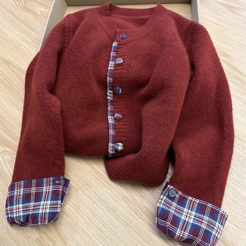Damen Strickjacke mit Karomuster und eleganten Knopfdetails Drune