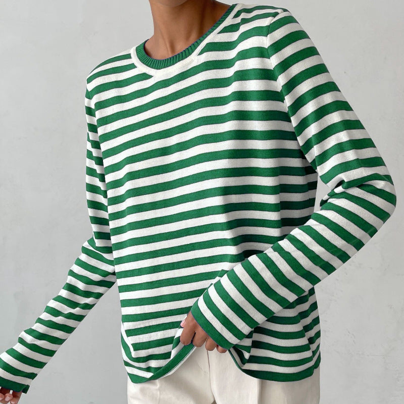 Damen lässiger Strickpullover mit gestreiftem Muster und weitem Schnitt Drune