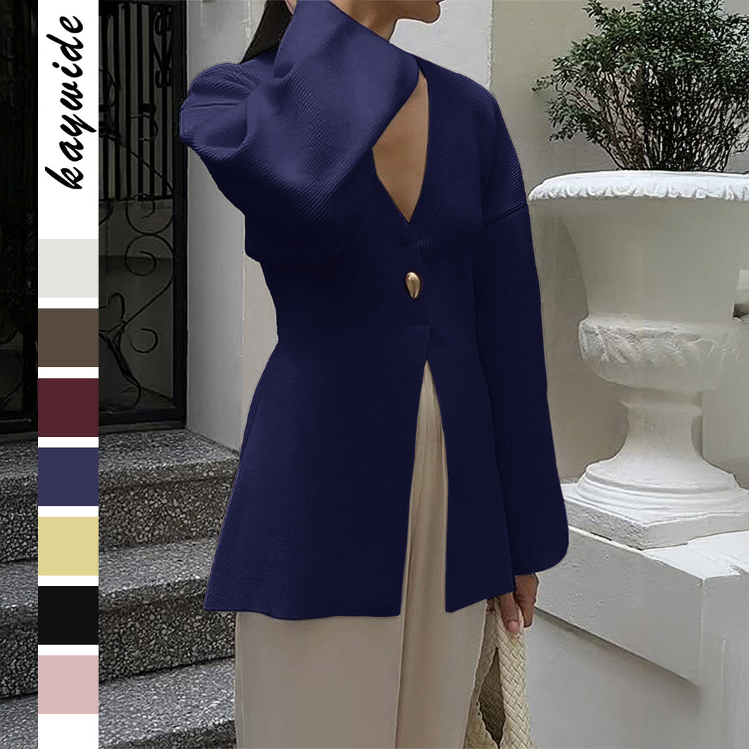 Damen nan taillierter Feinstrick-Cardigan mit V-Ausschnitt, Zierknopf und frontaler Schlitz Drune