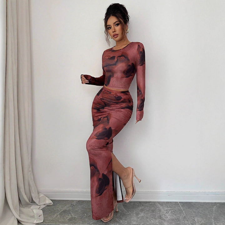 Damen nan zweiteiliges figurbetontes Set aus elastischem Mesh mit langärmligem Crop-Top, Daumenloch und gerafftem Midirock Drune