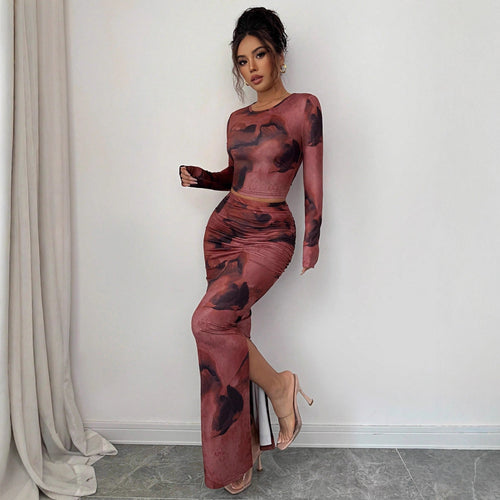 Damen nan zweiteiliges figurbetontes Set aus elastischem Mesh mit langärmligem Crop-Top, Daumenloch und gerafftem Midirock Drune