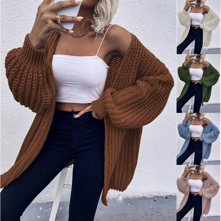 Damen Grobstrick-Cardigan mit voluminösen Ärmeln und offener Vorderseite Drune