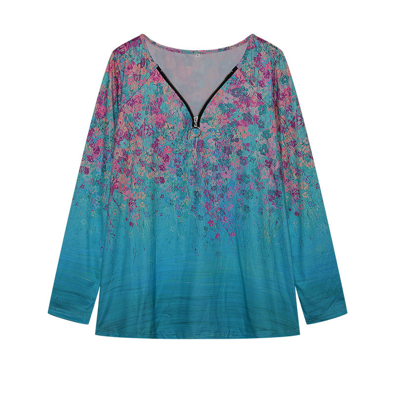 Damen Langarmshirt mit farbenfrohem Blütenmuster und modernem Zipper Drune