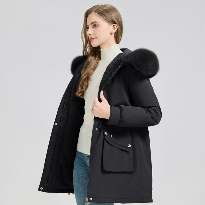 Damen Midilanger Thermoparka mit Teddy-Innenfutter, abnehmbarem Kunstpelzkragen und Taillenregulierung Drune
