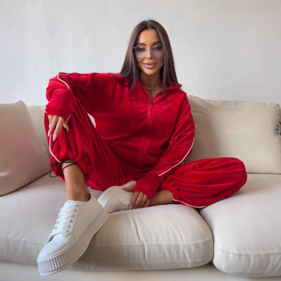 Damen eleganter Fleece-Trainingsanzug mit praktischen Taschen und elastischen Bündchen