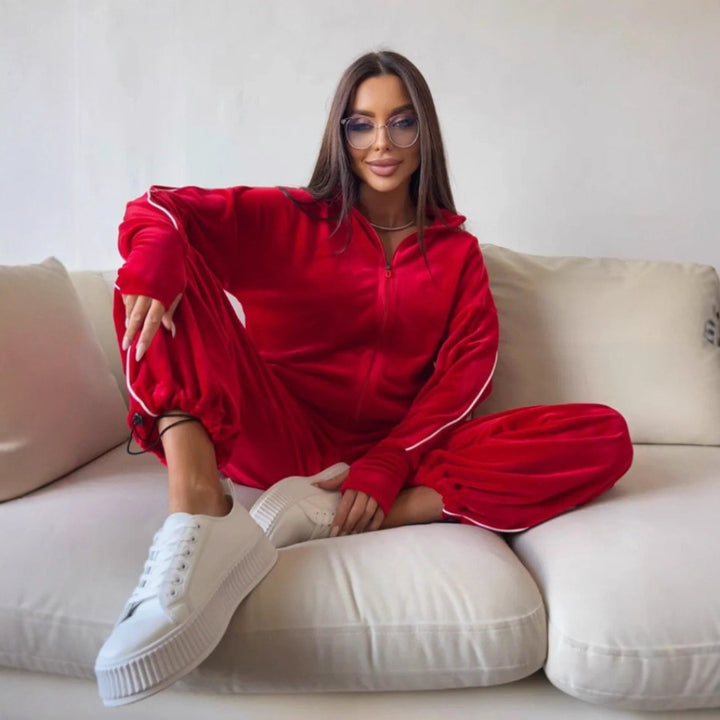 Damen eleganter Fleece-Trainingsanzug mit praktischen Taschen und elastischen Bündchen
