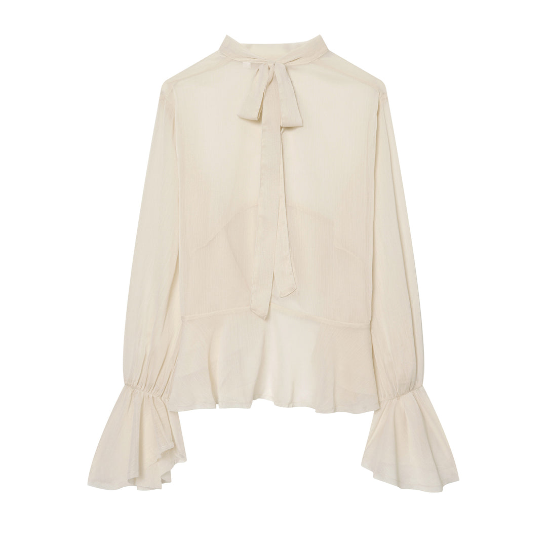 Damen nan transparente Chiffonbluse mit Schleifenkragen, Volantärmeln und Schößchen Drune