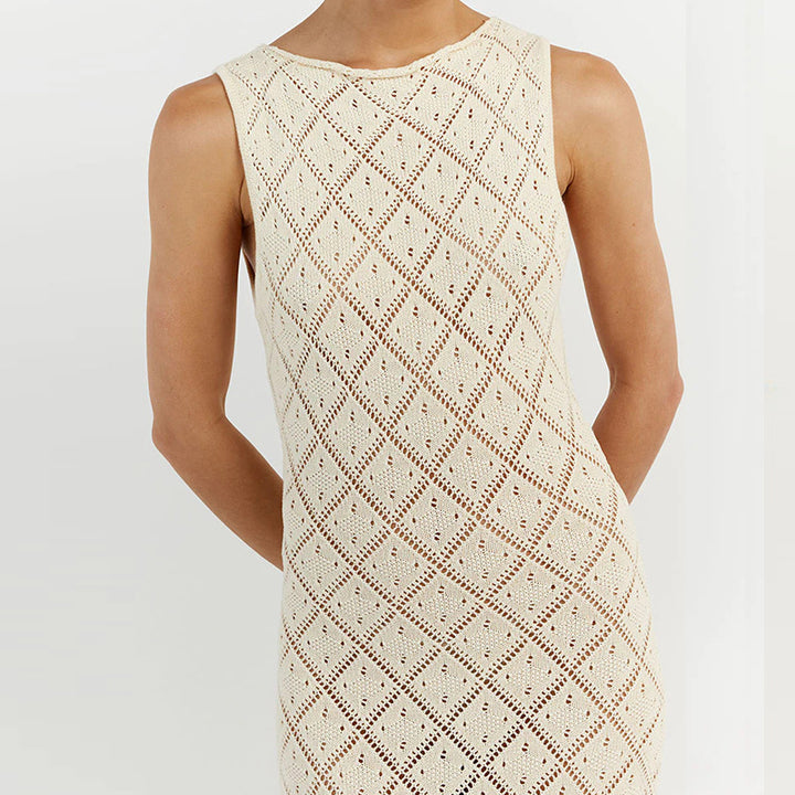 Damen Häkelkleid mit kreativem Rautenmuster und ärmellosem Schnitt Drune
