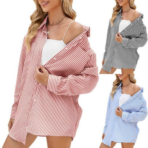 Damen lässiges Oversize-Hemd mit feinem Streifenmuster und Knopfdetails Drune