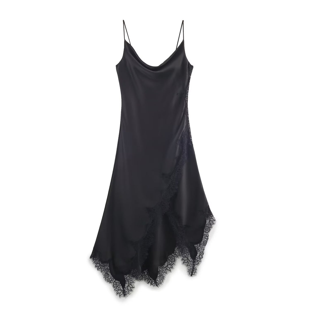 Damen edles Spaghetti-Trägerkleid mit zarter Spitze und fließendem Satin Drune