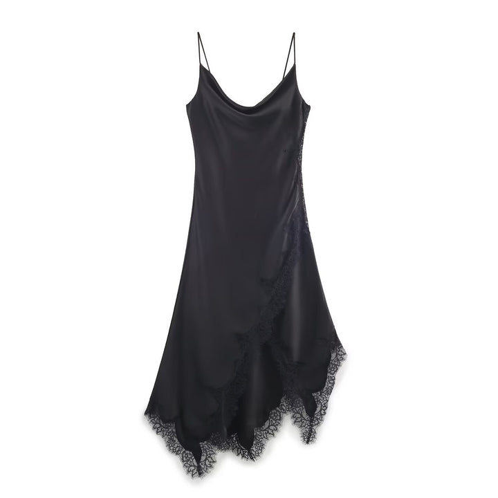 Damen edles Spaghetti-Trägerkleid mit zarter Spitze und fließendem Satin Drune
