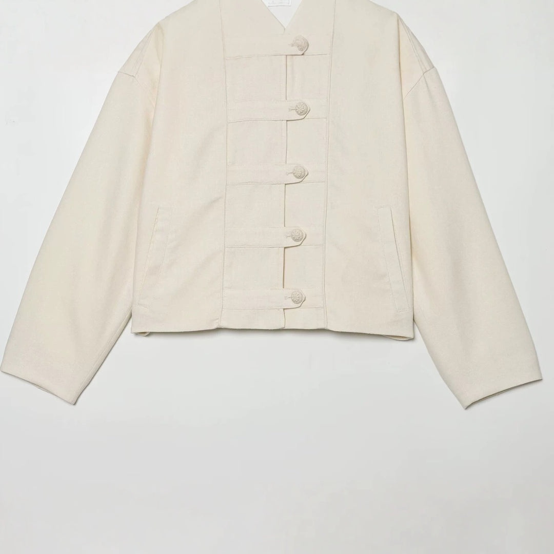 Damen Boxy-Jacke im Mandarin-Stil mit dekorativen Knotenknöpfen Drune