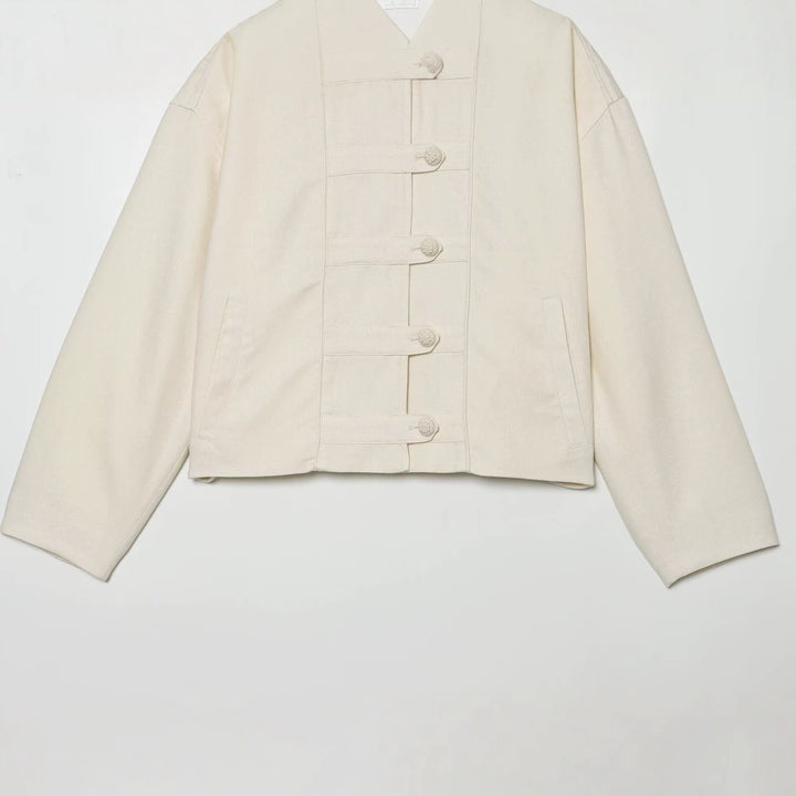 Damen Boxy-Jacke im Mandarin-Stil mit dekorativen Knotenknöpfen Drune