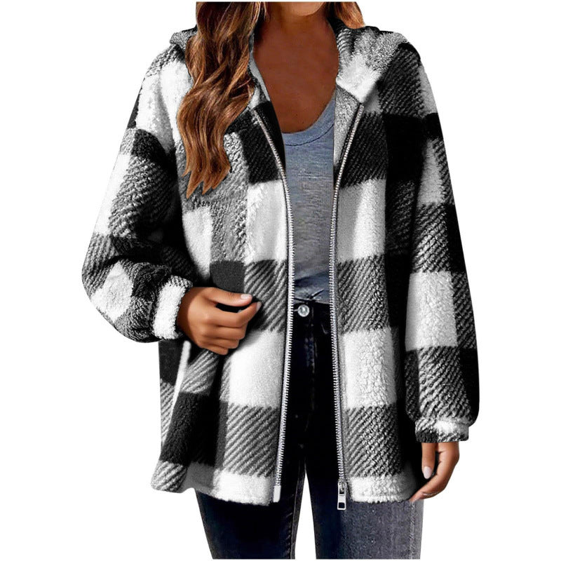 Damen Fleecejacke mit Karo-Muster und Kapuze Drune