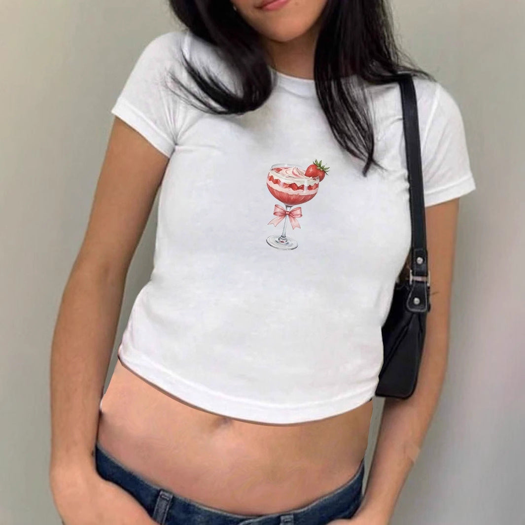 Damen Crop-T-Shirt mit kreativem Cocktail-Print und figurbetontem Schnitt Drune
