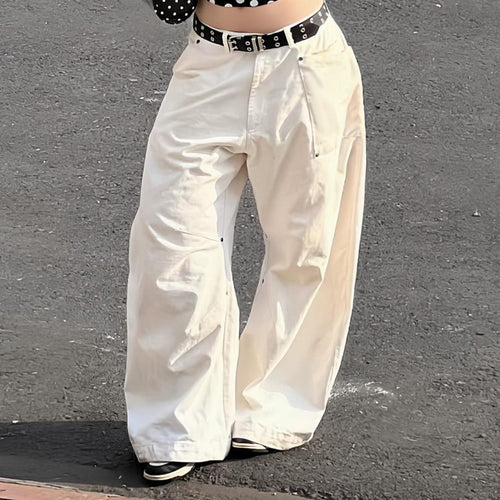 Damen nan weite Highwaist-Canvas-Hose im Carpenter‑Stil mit hohem Bund und aufgesetzten Taschen Drune