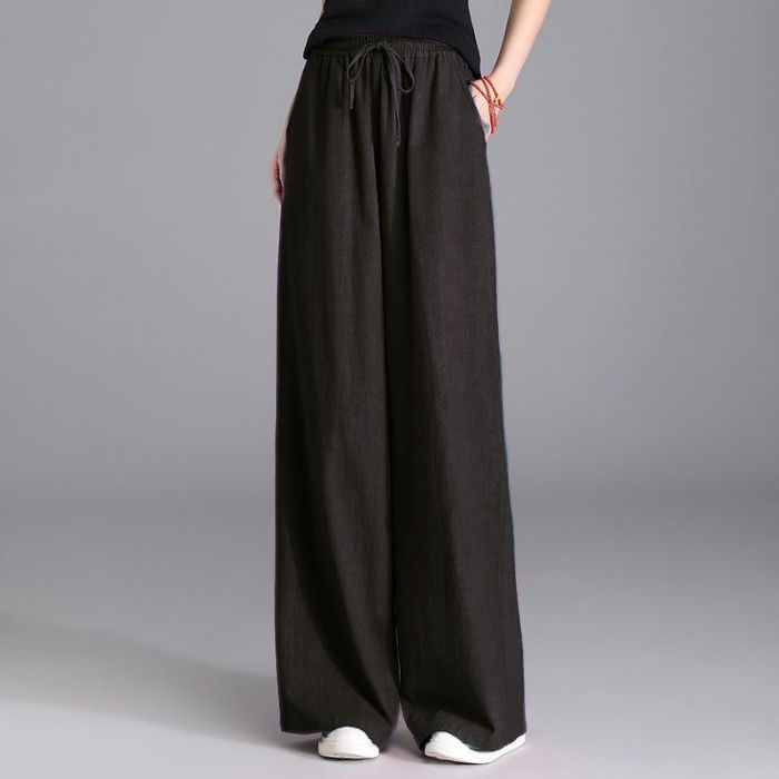 Damen nan weite Palazzo Leinenhose mit elastischem Kordelbund und Seitentaschen Drune