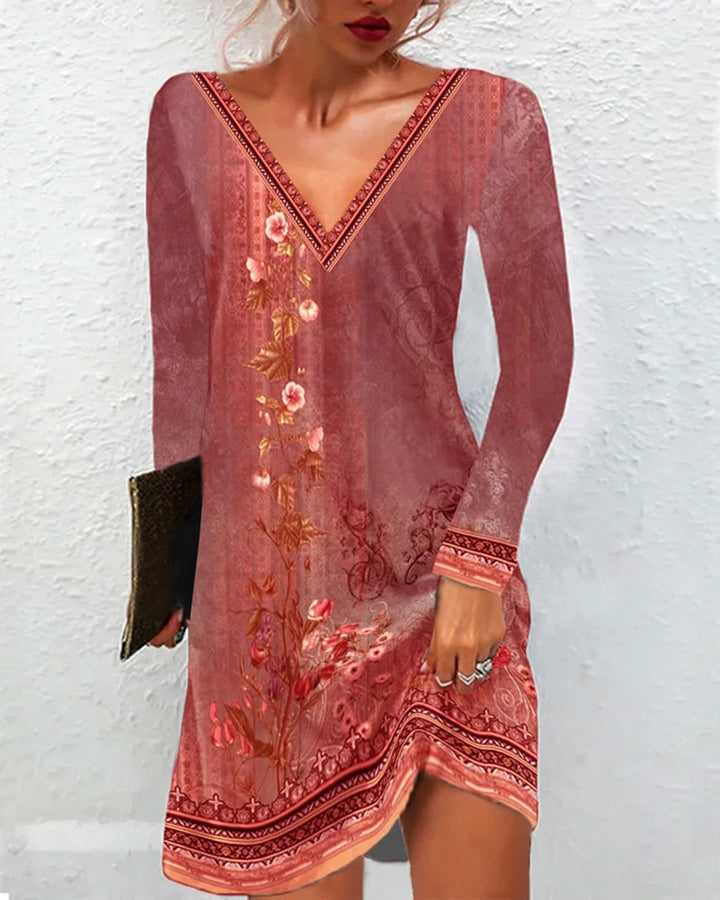 Frauen Floral V-Ausschnitt Tunika Kleid mit Border Print und langen Ärmeln Drune