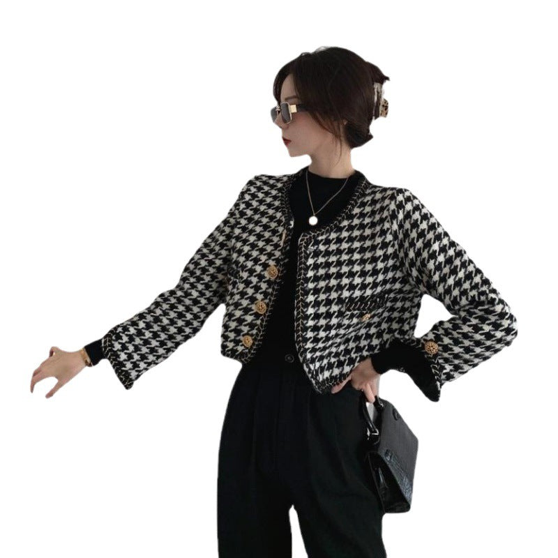 Damen Designer-Jacke im Hahnentritt-Design mit goldenen Knöpfen Drune