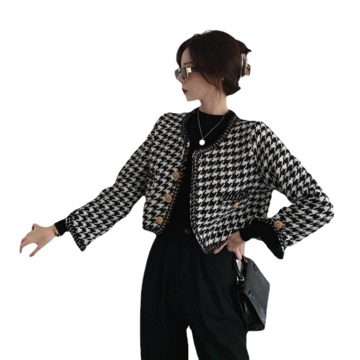 Damen Designer-Jacke im Hahnentritt-Design mit goldenen Knöpfen Drune
