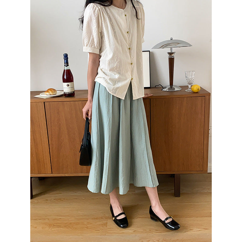 Damen luftige Bluse mit Puffärmeln und Knopfdetails Drune