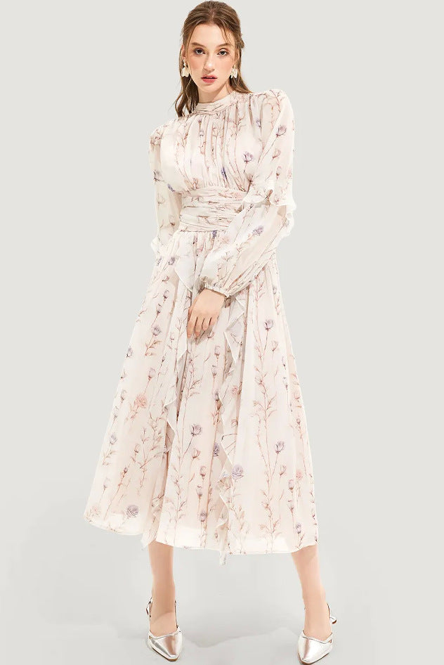 Damen Maxikleid mit floralen Rüschen und Halsbündchen Drune