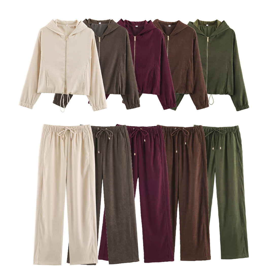 Damen Jersey‑Zweiteiler mit kurzer Kapuzenjacke, Kordelzug und gerader Komforthose Drune