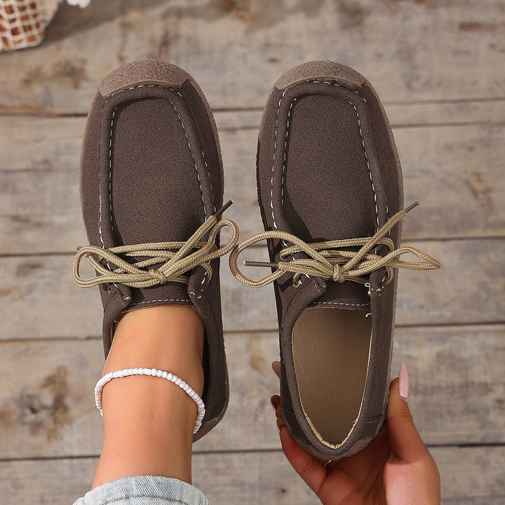 Damen nan lässige Mokassin-Slipper aus Veloursimitat mit dekorativer Ziernaht, elastischer Schnürung und flexibler Gummisohle Drune