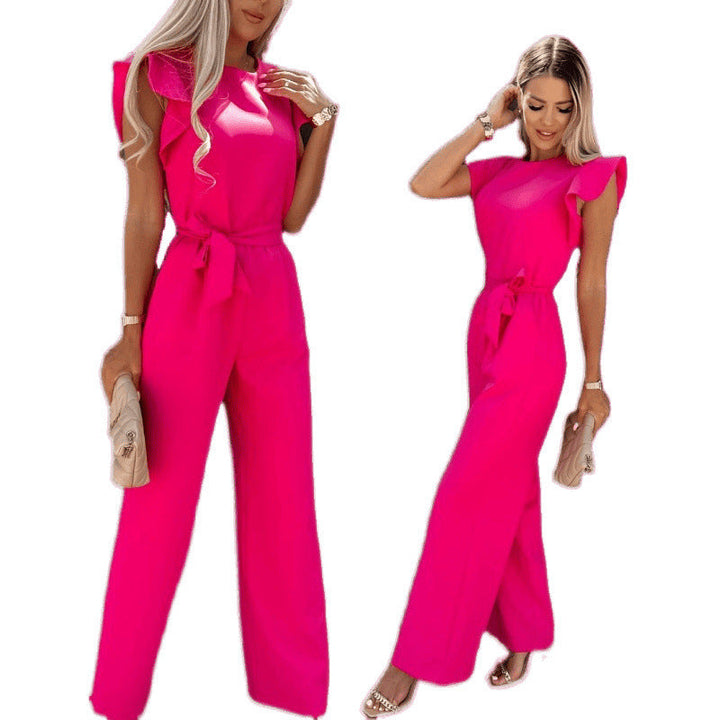 Frauen Fließender Weitbeiniger Jumpsuit mit Rüsche Ärmel Drune