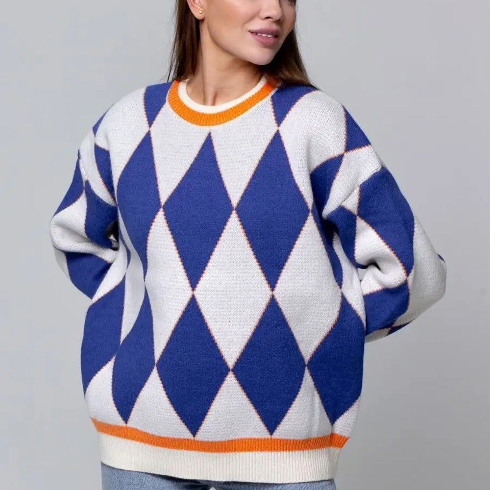 Damen Grobstrickpullover mit diamantförmigem Muster und lebendigen Farbakzenten Drune