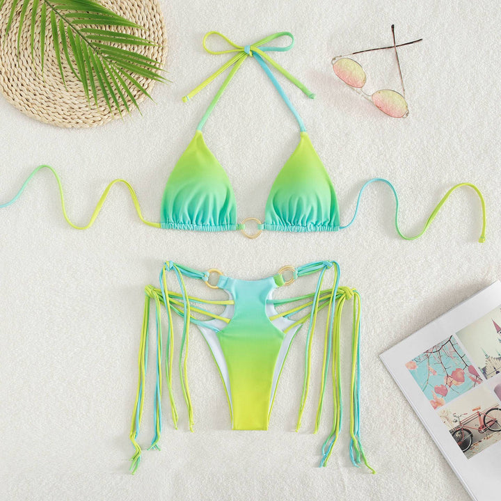 Damen Triangel-Bikini mit modischen Schnüroptik und schimmernden Ringdetails Drune