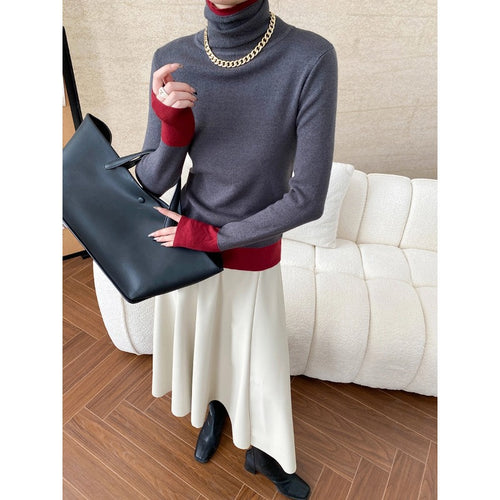 Damen eleganter Rollkragenpullover mit kontrastierenden Ärmelabschlüssen Drune