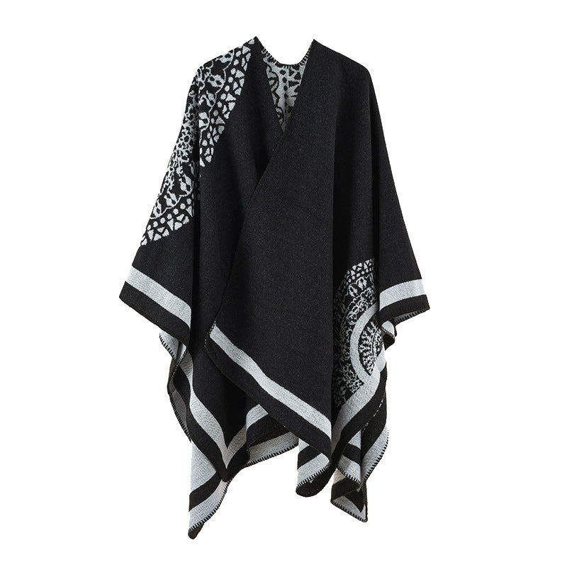 Damen Oversize Strickponcho mit grafischem Jacquardmuster Drune