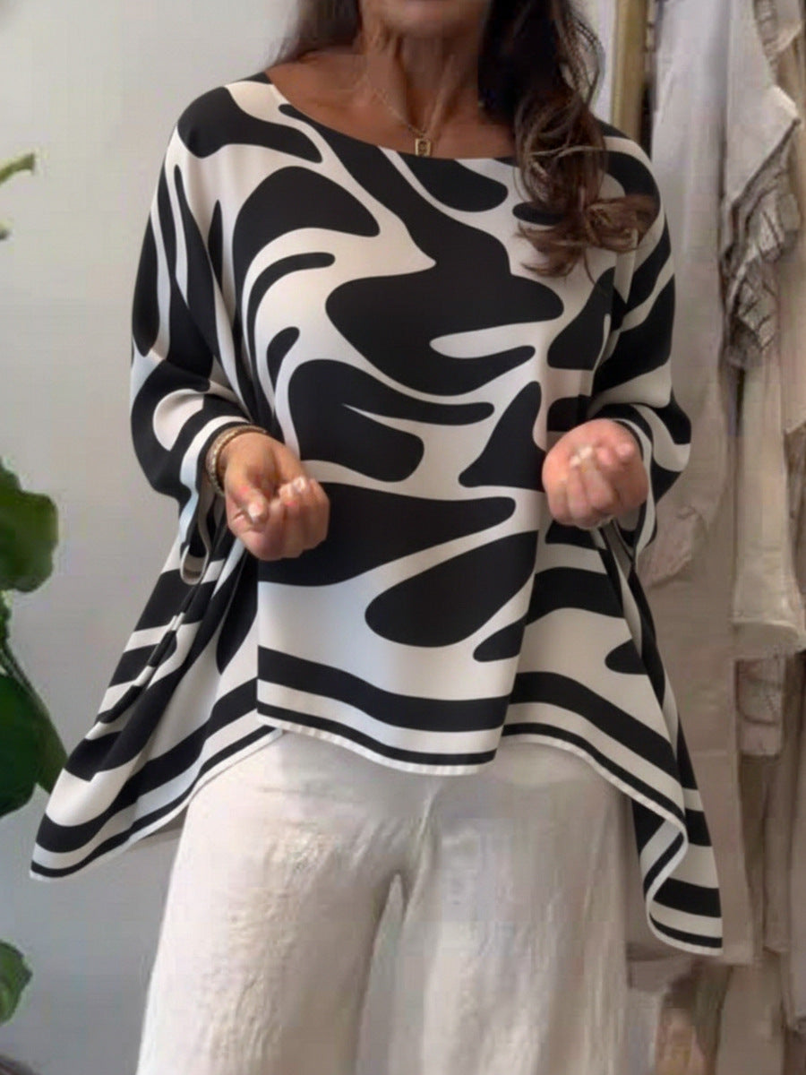 Damen Oversize Sommerbluse mit abstraktem Print, Fledermausärmeln und asymmetrischem Saum Drune