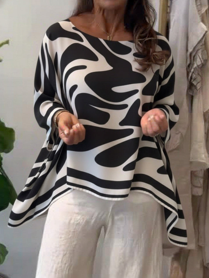 Damen Oversize Sommerbluse mit abstraktem Print, Fledermausärmeln und asymmetrischem Saum Drune