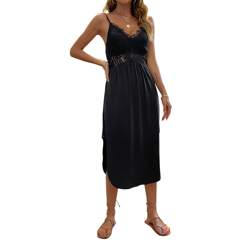 Damen Midi-Kleid mit Spitzendetails und Spaghettiträgern Drune