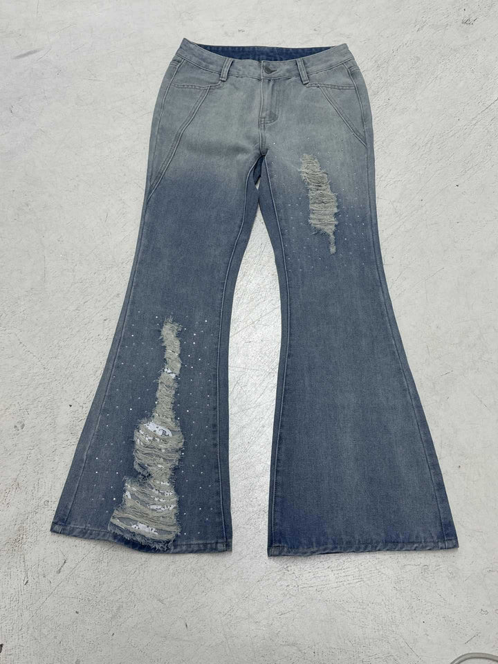 Damen Weite Schlagjeans mit hoher Taille, ausgefransten Rissen und Perlenapplikation Drune