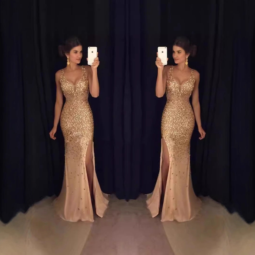 Damen Glitzerndes Abendkleid mit tiefem Schlitz und figurbetontem Schnitt Drune